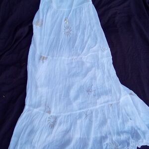 blue island White Tiered Maxi Skirt with Beige Floral Cutouts